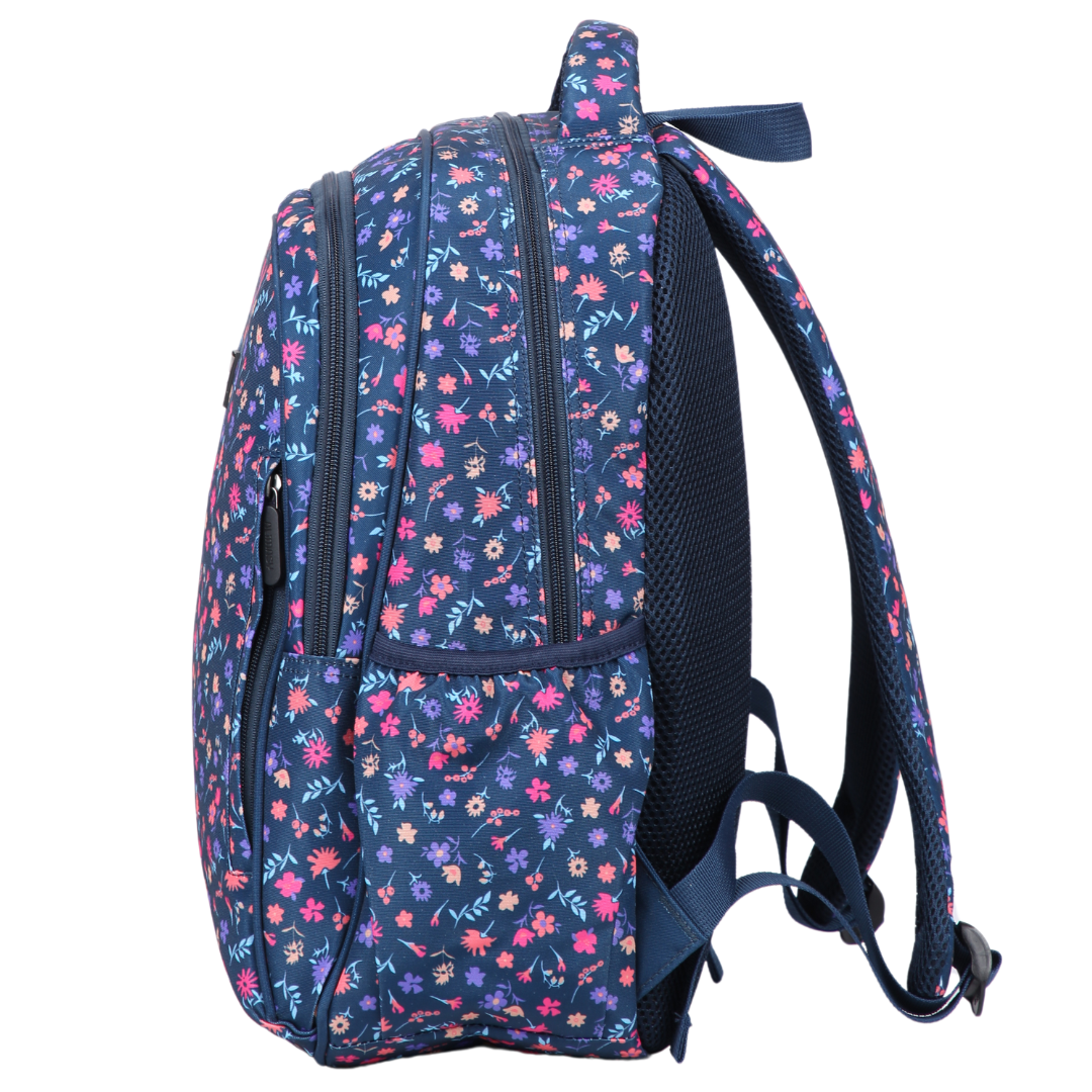 Ditsy Flowers Navy Midsize Kids Backpack side pocket elasticated for secure water bottle storage