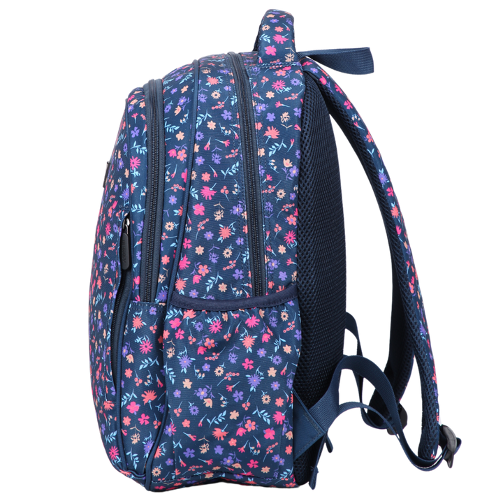 Ditsy Flowers Navy Midsize Kids Backpack side pocket elasticated for secure water bottle storage