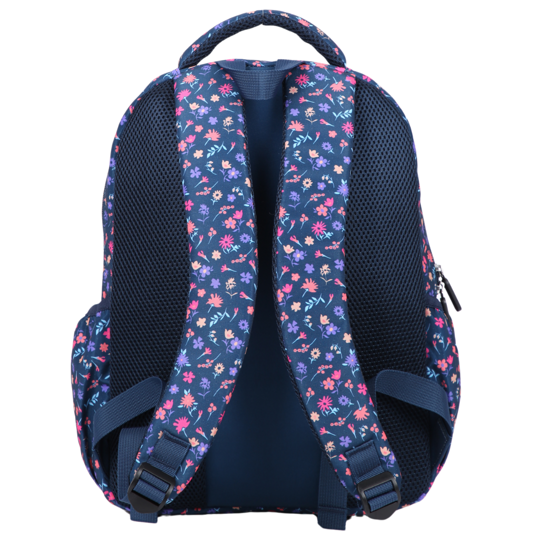 Ditsy Flowers Navy Midsize Kids Backpack back view ergonomic padded straps and back, comfortable waterproof kids school bag