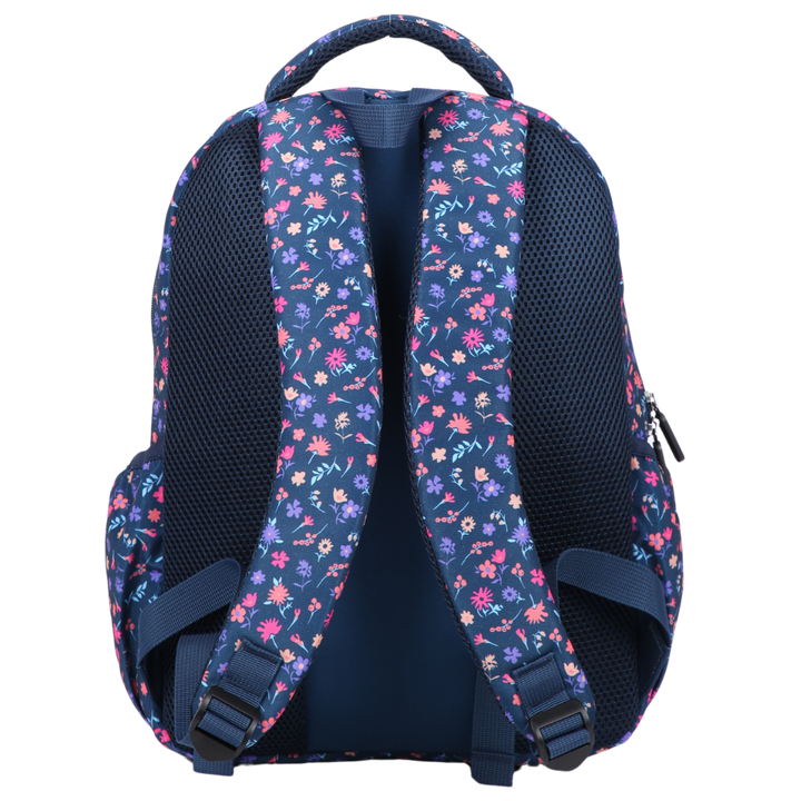 Ditsy Flowers Navy Midsize Kids Backpack back view ergonomic padded straps and back, comfortable waterproof kids school bag