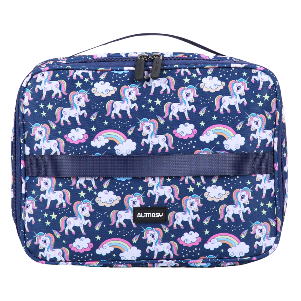 Blue lunch bag with unicorn and rainbow pattern on a white background