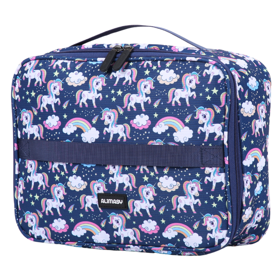 Navy blue lunch bag with unicorn and rainbow pattern on a white background