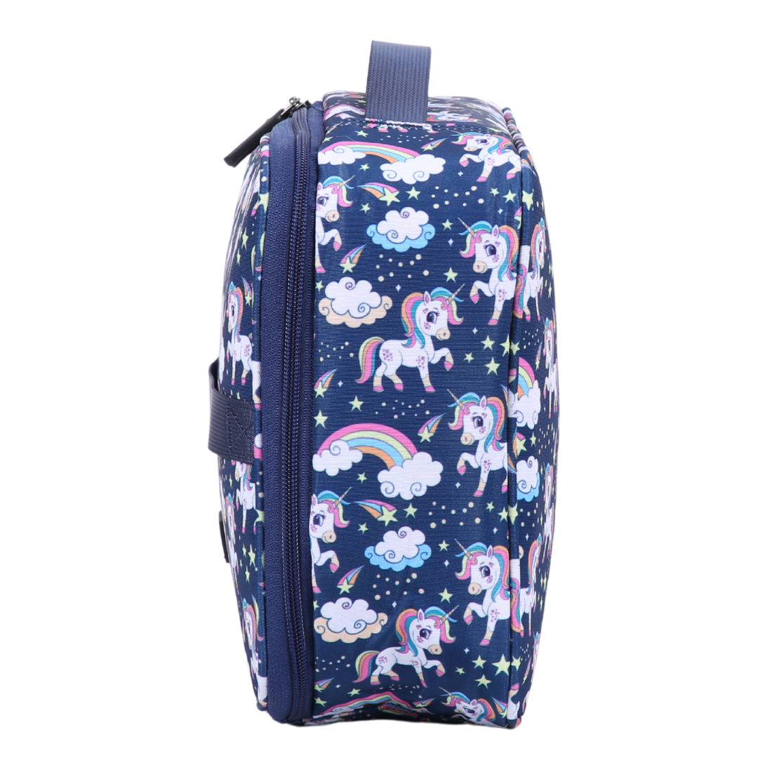 Navy blue insulated lunch bag with unicorn and rainbow pattern on a white background
