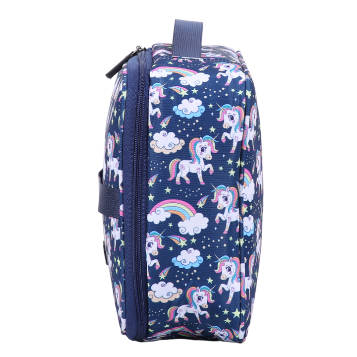 Navy blue insulated lunch bag with unicorn and rainbow pattern on a white background