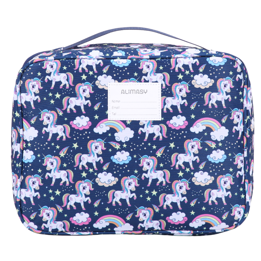 insulated blue unicorn and rainbow lunch bag with name label