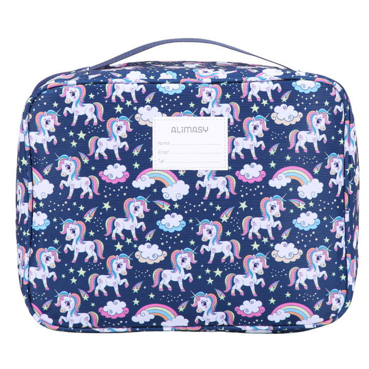 insulated blue unicorn and rainbow lunch bag with name label