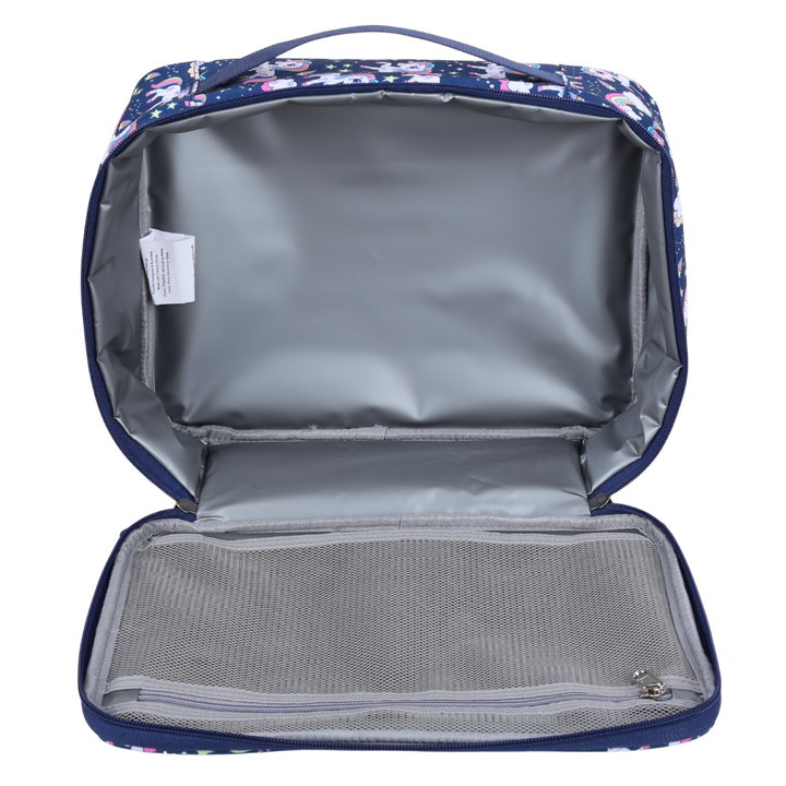 Open floral-patterned lunch bag showing interior compartments on a white background