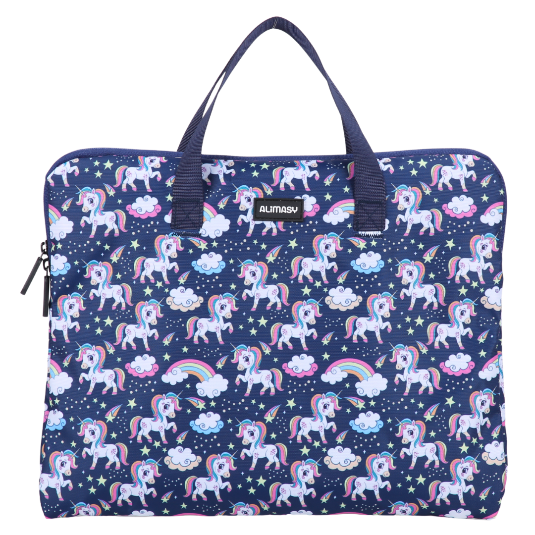 Unicorn and rainbow patterned library book bag with ALIMASY label on a white background