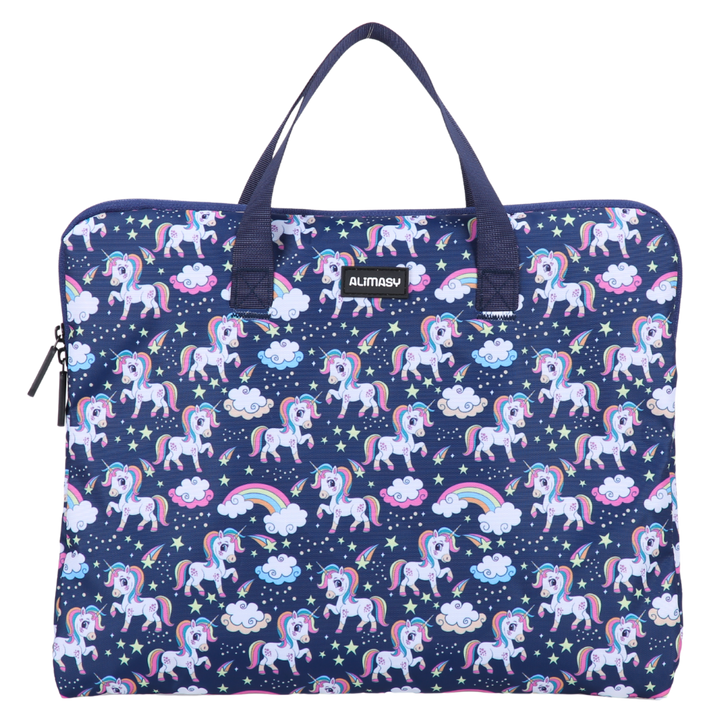 Unicorn and rainbow patterned library book bag with ALIMASY label on a white background