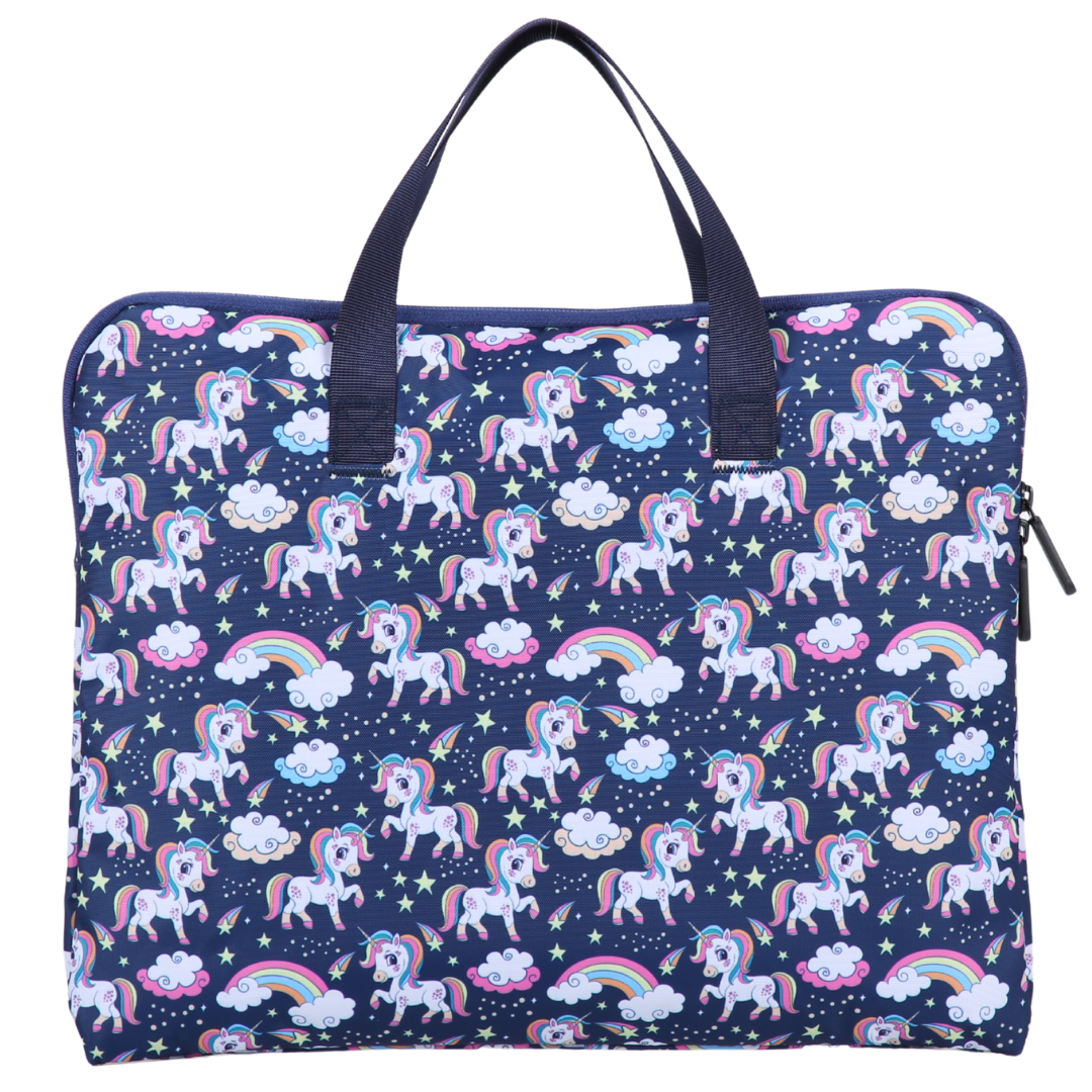 Navy blue library bag with unicorn and rainbow pattern on a white background