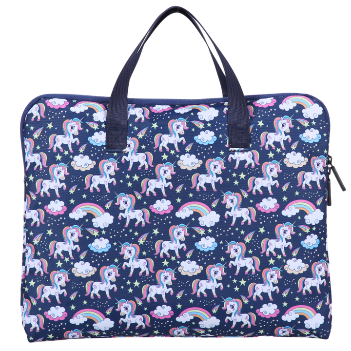 Navy blue library bag with unicorn and rainbow pattern on a white background