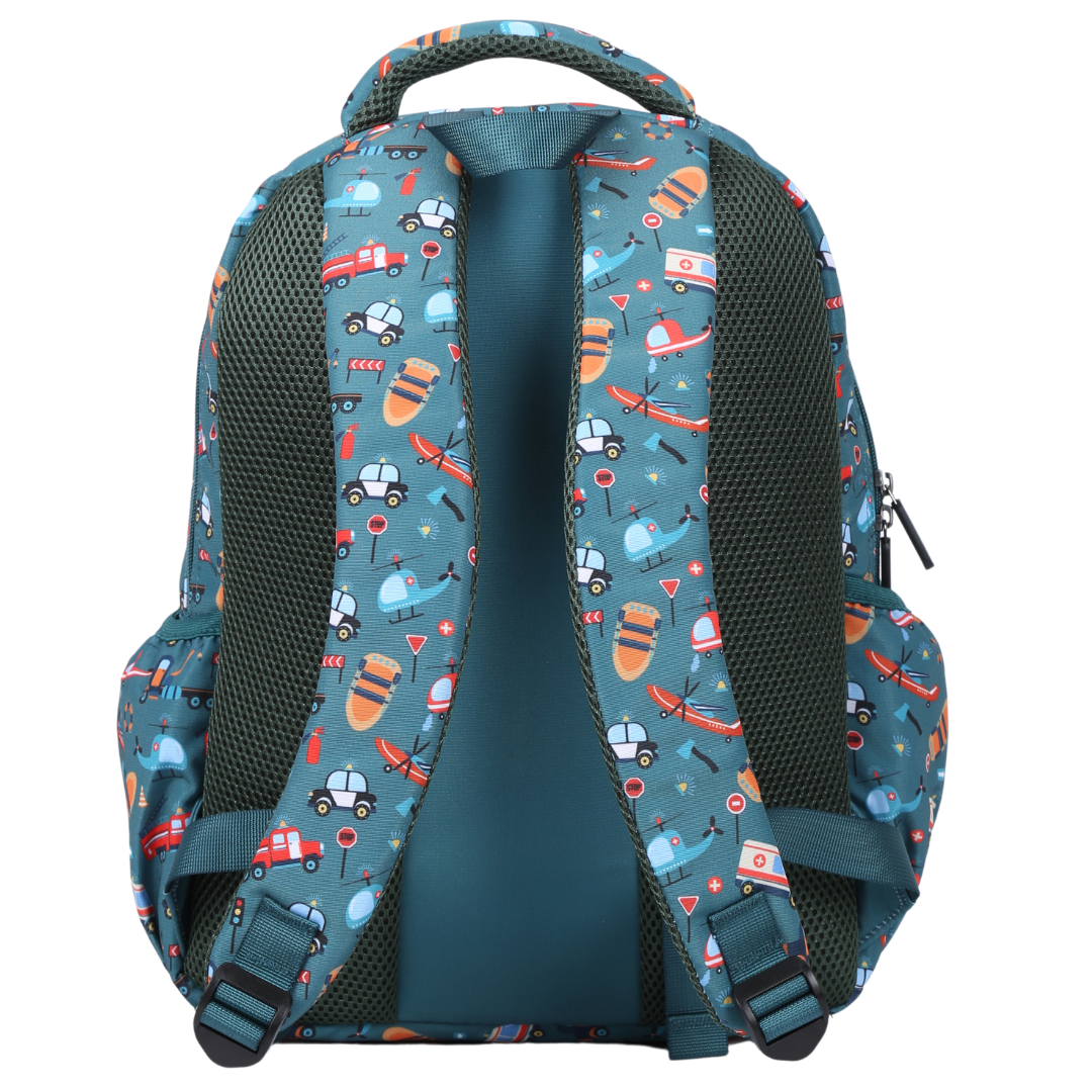 Rescuers Midsize Kids Backpack back view ergonomic padded straps and back, comfortable waterproof kids school bag