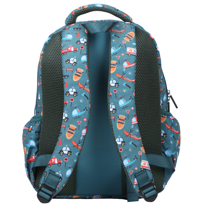 Rescuers Midsize Kids Backpack back view ergonomic padded straps and back, comfortable waterproof kids school bag