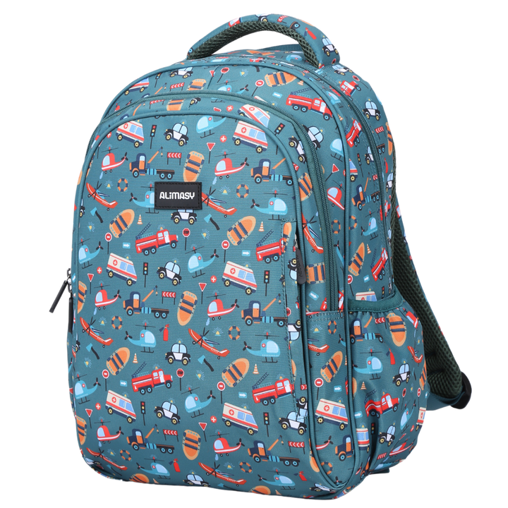 Children's backpack featuring a theme of emergency vehicles with multiple compartments and adjustable straps.