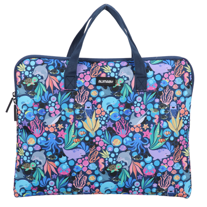 Colourful undersea patterned library book bag with handles on a white background