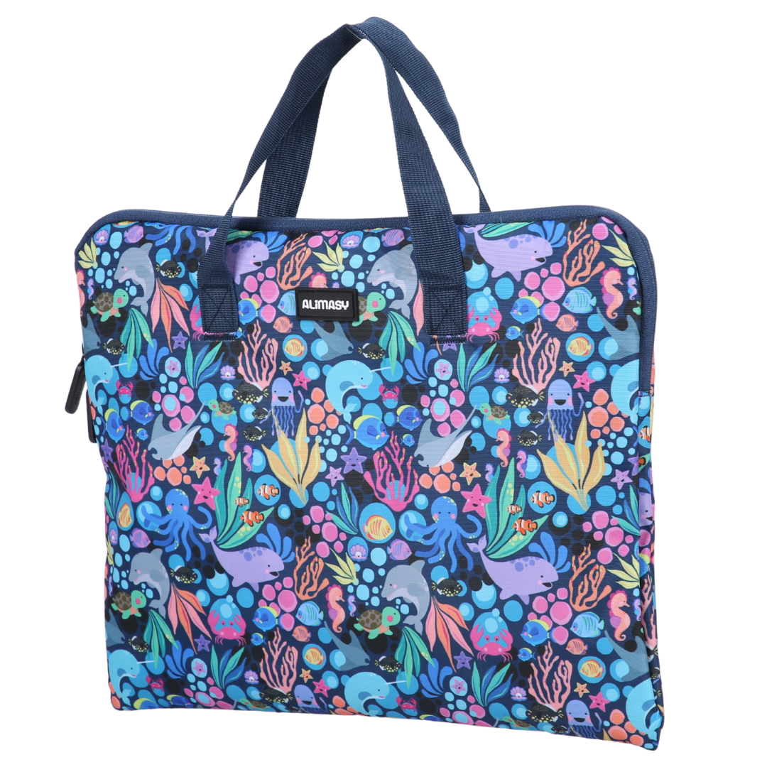 Colorful undersea patterned library book bag with 'Alimasy' branding on a white background