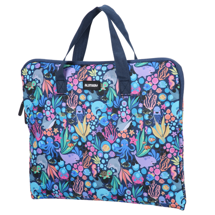Colorful undersea patterned library book bag with 'Alimasy' branding on a white background