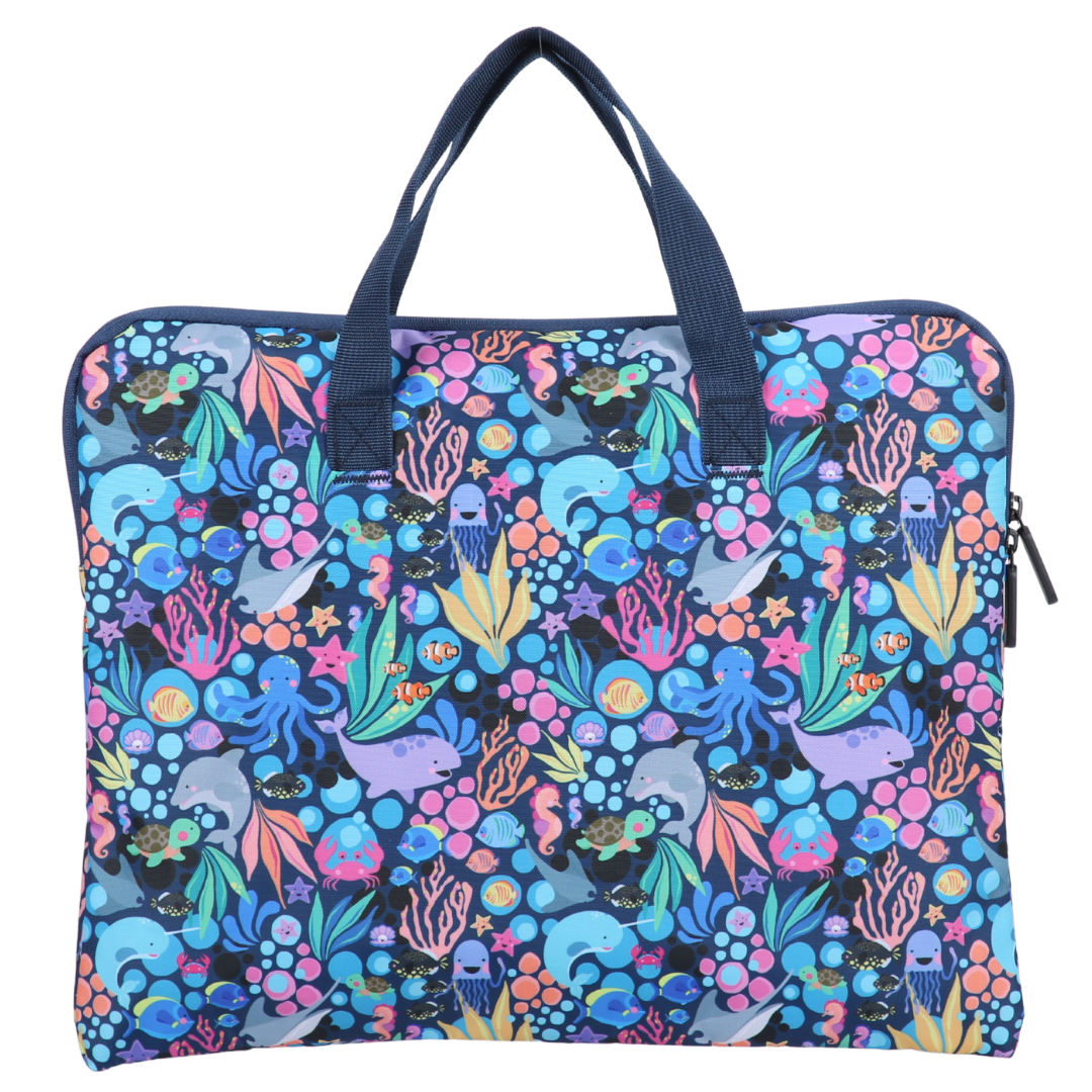 Colorful library book bag with underwater animal pattern on a white background