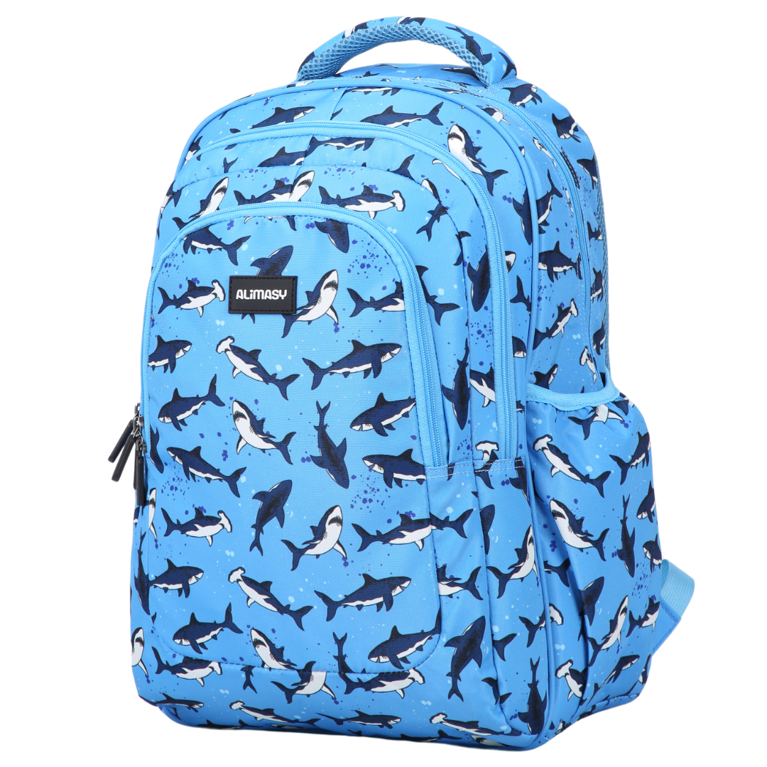Angled view of Sharks Large School Backpack Lightweight yet strong with YKK zips