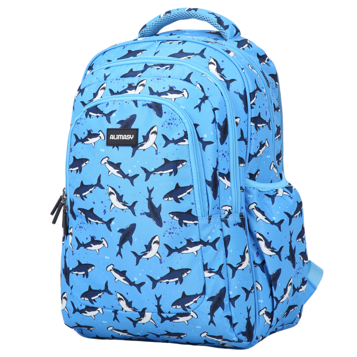 Angled view of Sharks Large School Backpack Lightweight yet strong with YKK zips