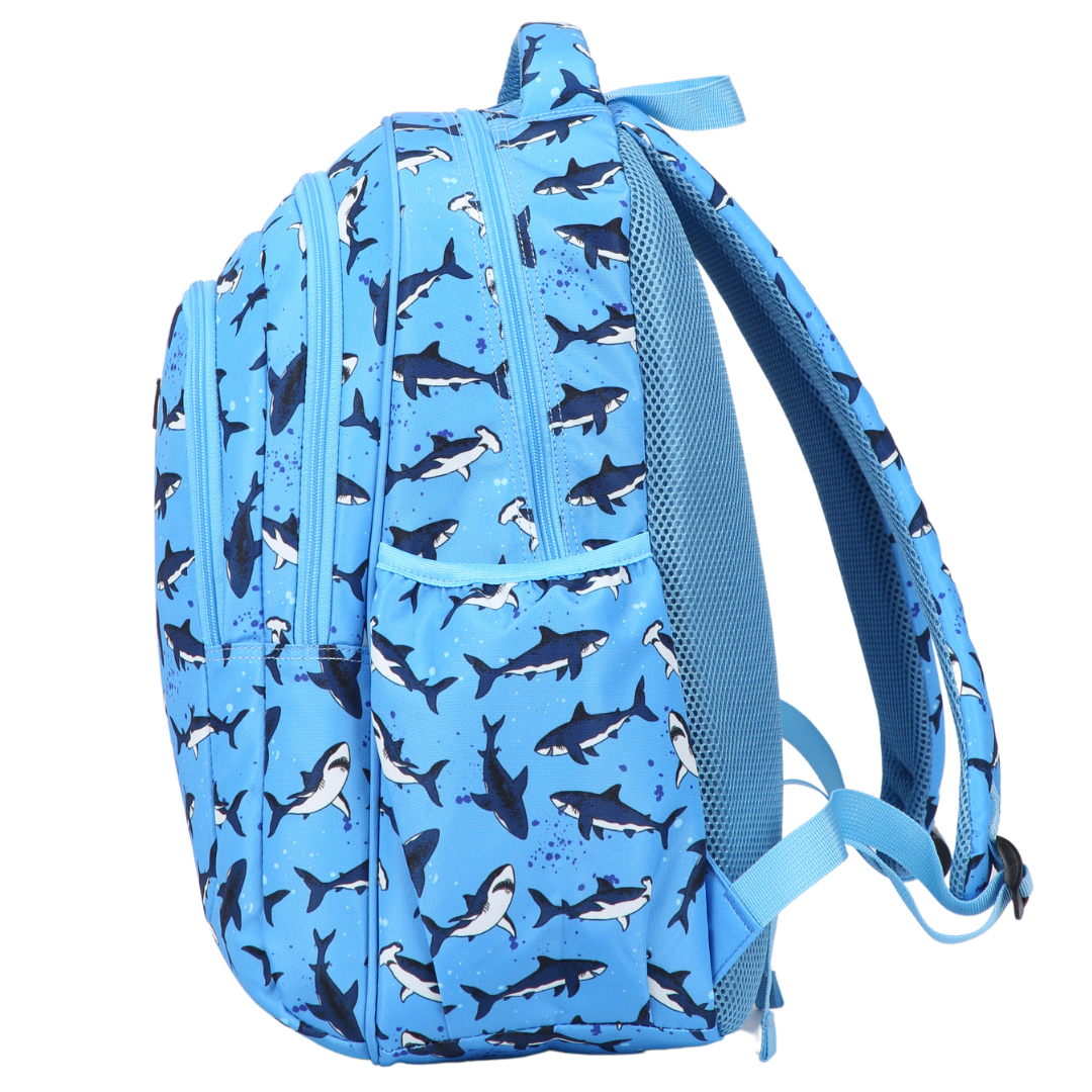 Side view of Sharks Large School Backpack Deep side pockets and multiple carry handles