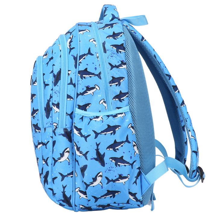 Side view of Sharks Large School Backpack Deep side pockets and multiple carry handles