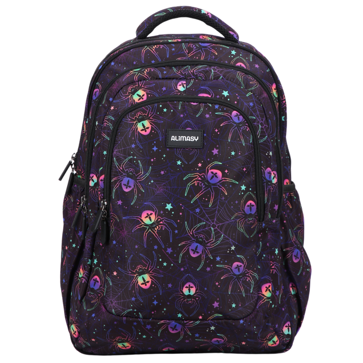 A large school backpack with a dark blue base color and a pattern of multicolored spiders and stars.