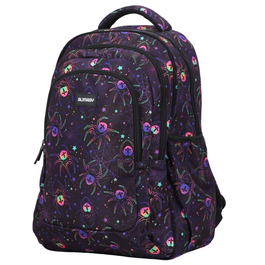 Angled view of Spiders Large School Backpack. Lightweight yet strong with YKK zips