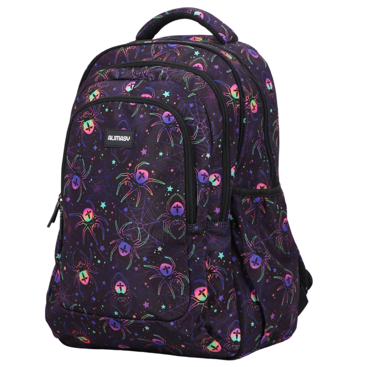 Angled view of Spiders Large School Backpack. Lightweight yet strong with YKK zips