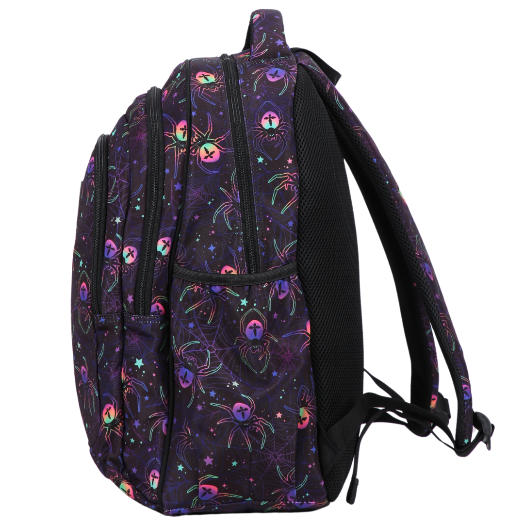 Side view of Spiders Large School Backpack. Deep side pockets and multiple carry handles