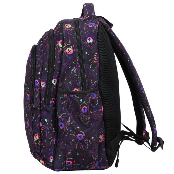 Side view of Spiders Large School Backpack. Deep side pockets and multiple carry handles