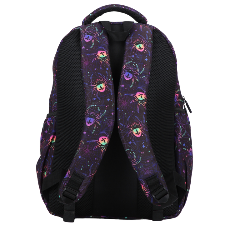 Back view of Spiders Large School Backpack. Padded straps and breathable cushions for comfort