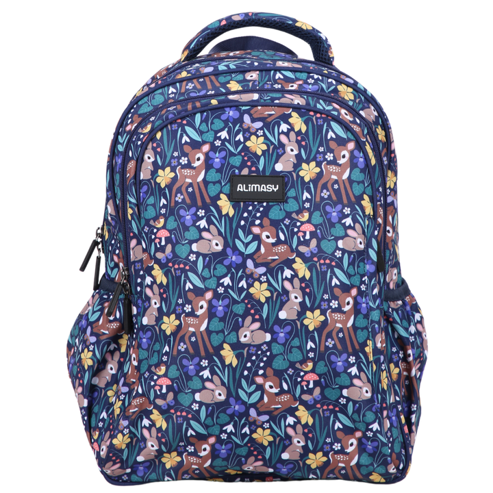Midsize kids' backpack with a dark blue floral and woodland animal print, featuring multiple compartments and padded straps.