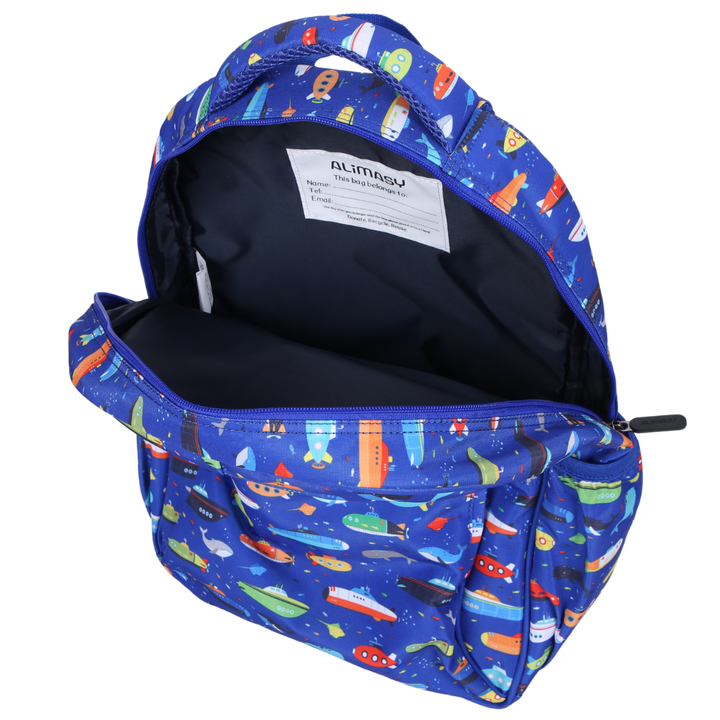 Submarines & Whales Midsize Kids Backpack inside view easy-clean waterproof interior lining, durable kids school bag
