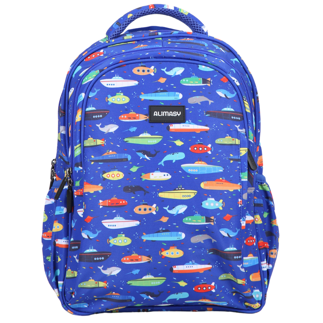 Submarines & Whales Midsize Kids Backpack front view lightweight waterproof daycare, preschool, kinder and primary school bag Australia NZ