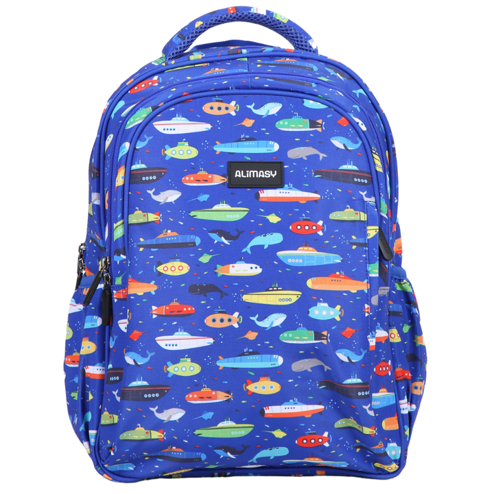 Submarines & Whales Midsize Kids Backpack front view lightweight waterproof daycare, preschool, kinder and primary school bag Australia NZ