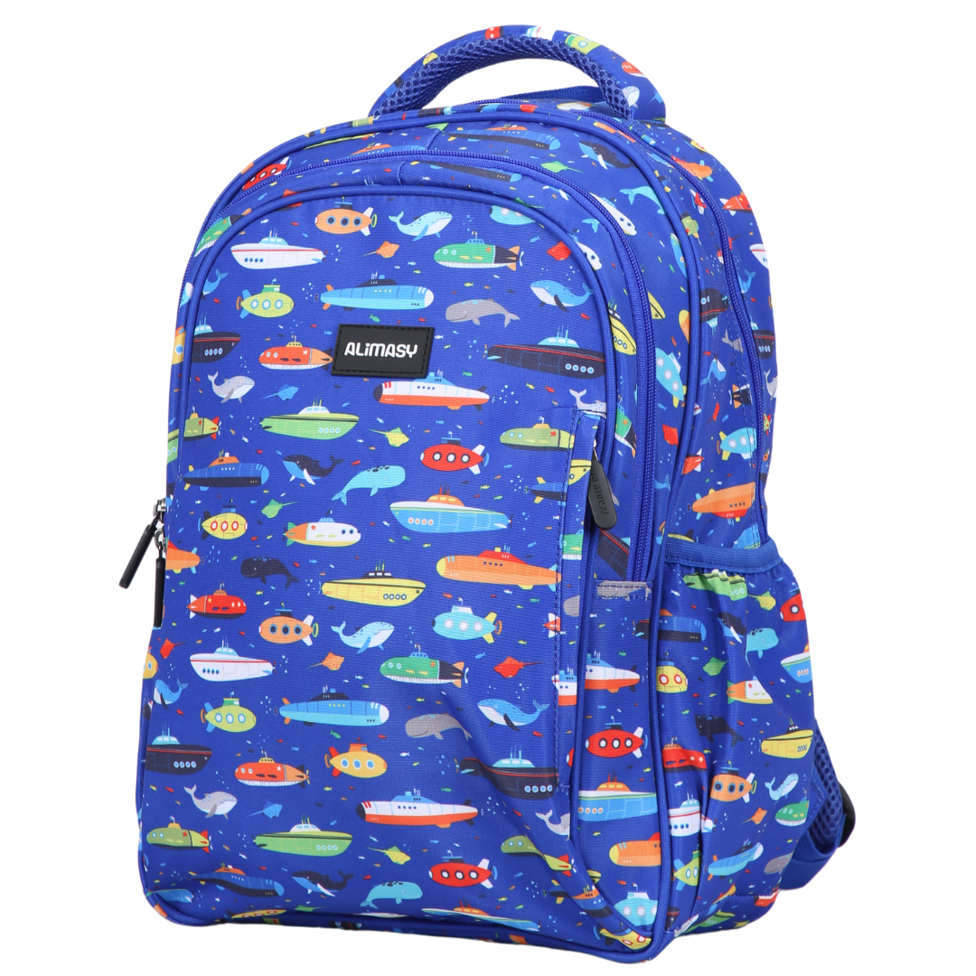 Submarines & Whales Midsize Kids Backpack detail shot durable YKK zips and reinforced handle, waterproof kids backpack