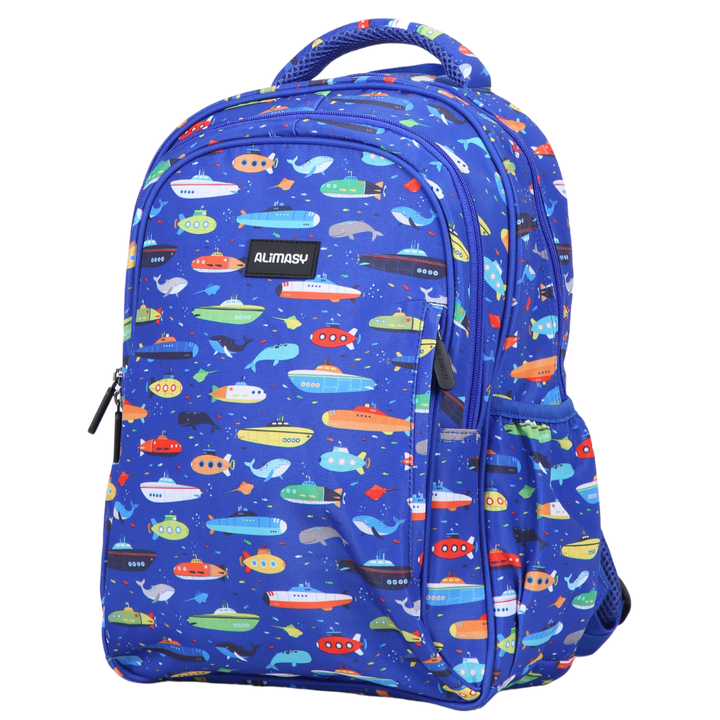 Submarines & Whales Midsize Kids Backpack detail shot durable YKK zips and reinforced handle, waterproof kids backpack