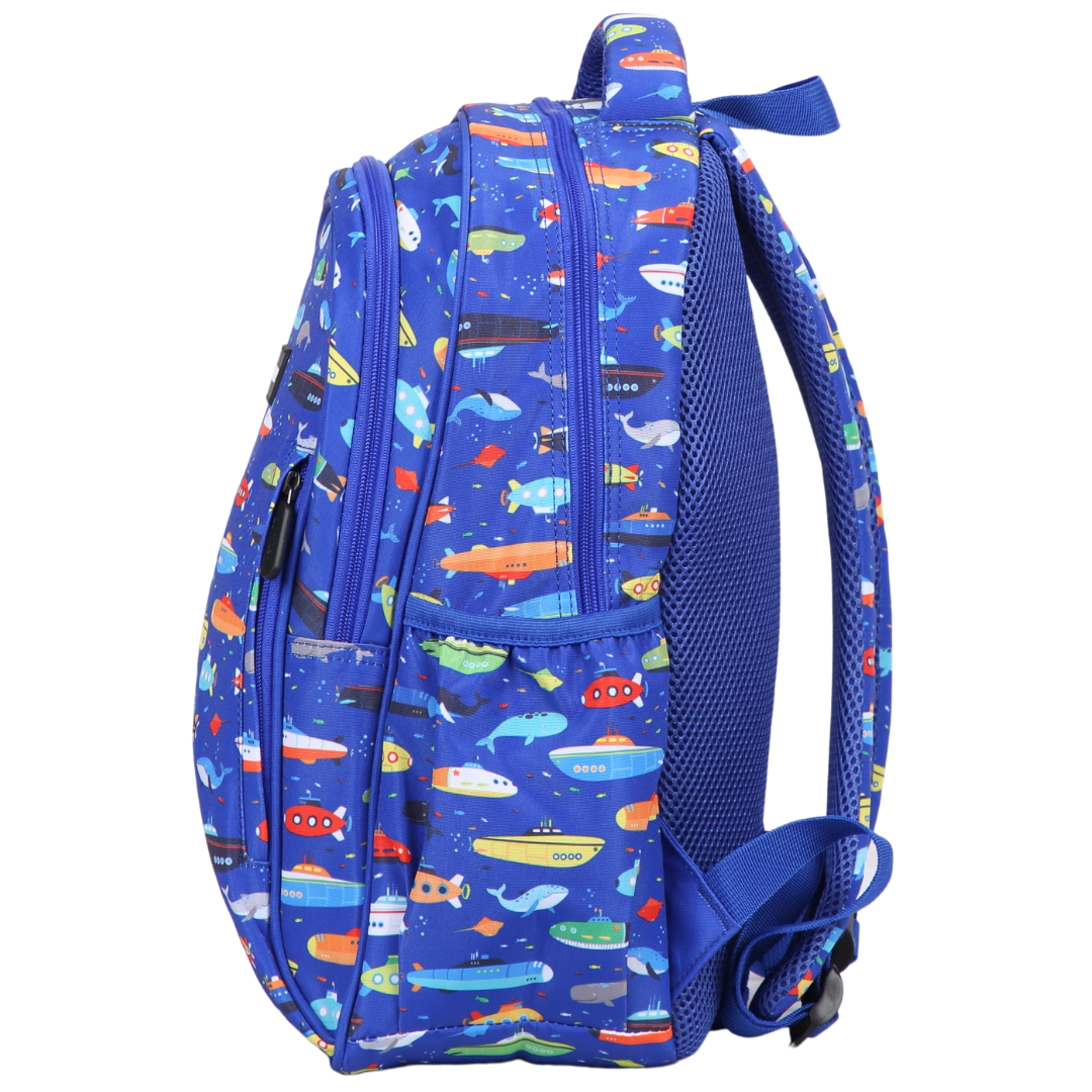 Submarines & Whales Midsize Kids Backpack side pocket elasticated for secure water bottle storage