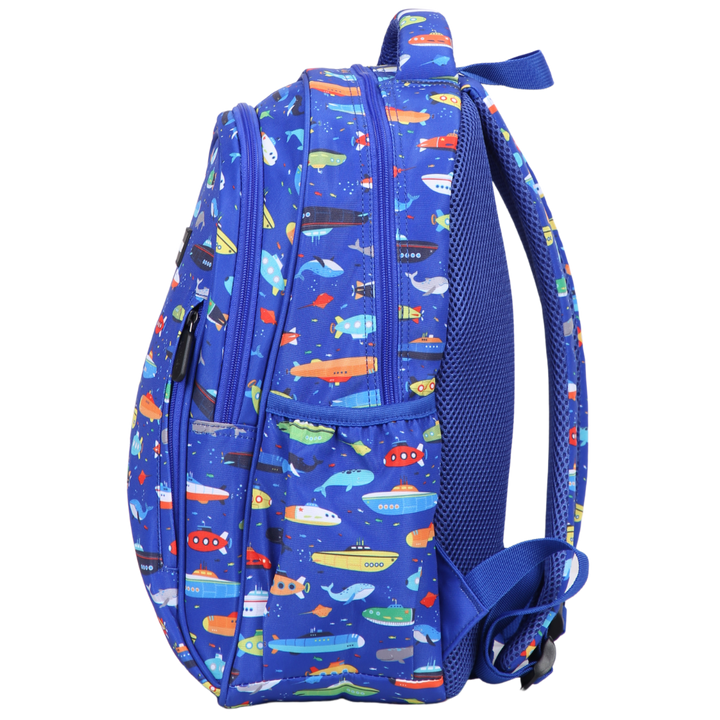 Submarines & Whales Midsize Kids Backpack side pocket elasticated for secure water bottle storage