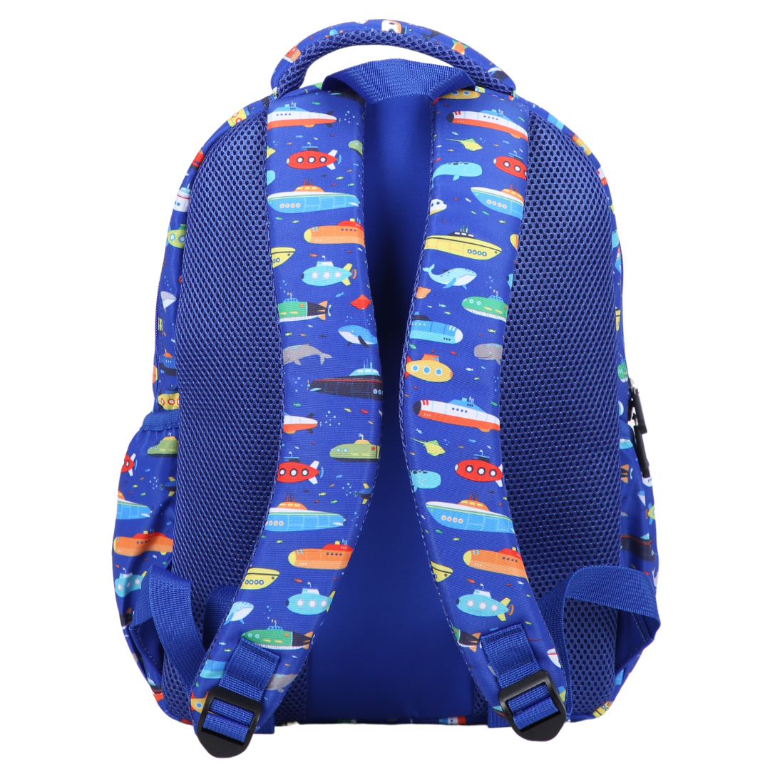 Submarines & Whales Midsize Kids Backpack back view ergonomic padded straps and back, comfortable waterproof kids school bag