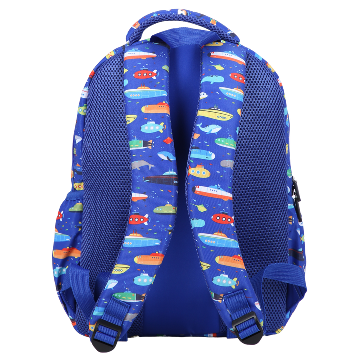 Submarines & Whales Midsize Kids Backpack back view ergonomic padded straps and back, comfortable waterproof kids school bag
