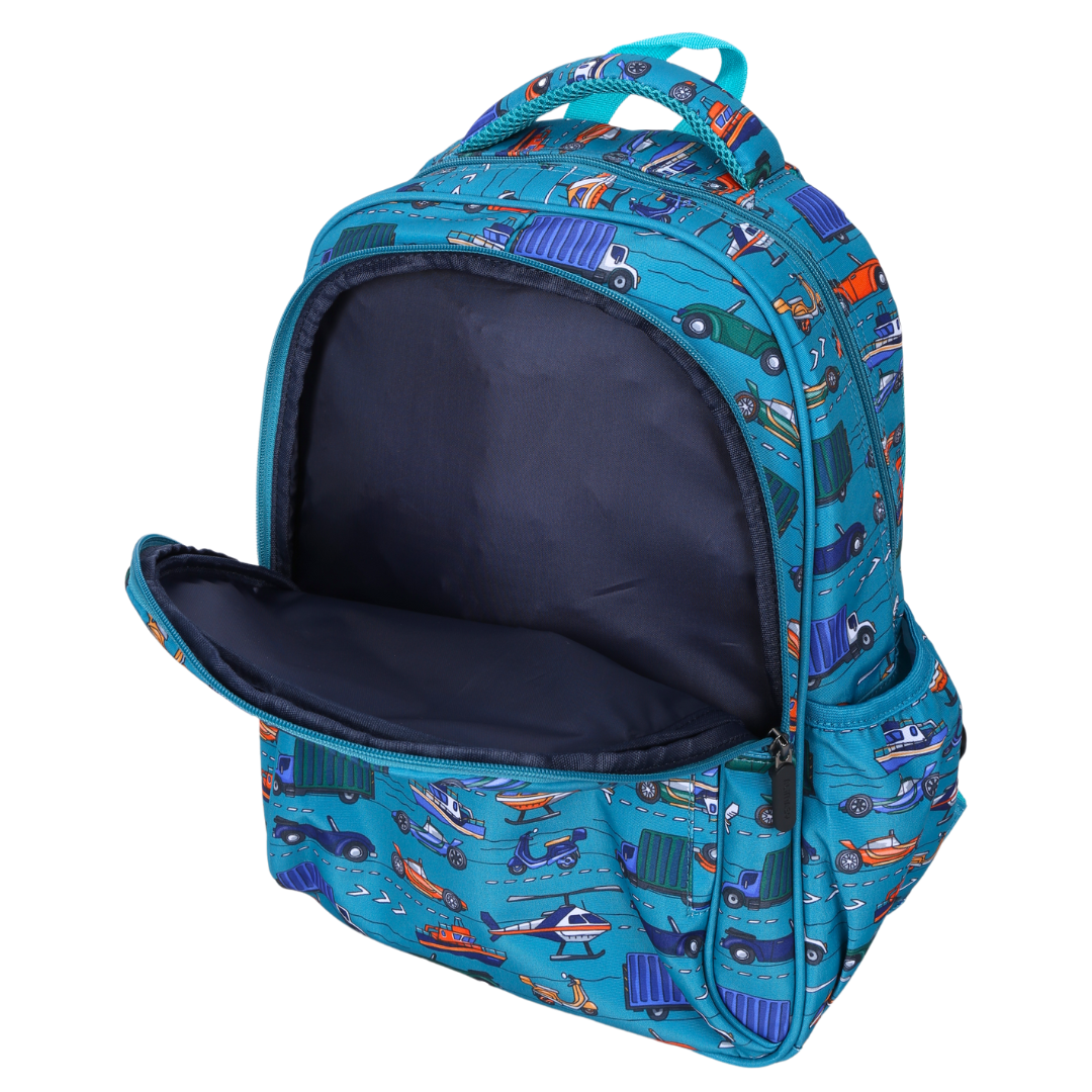 Green Transport Vehicle Midsize Kids Backpack open spacious compartments for school supplies