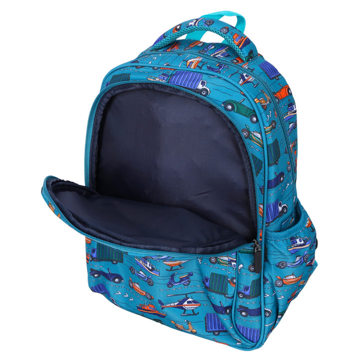 Green Transport Vehicle Midsize Kids Backpack open spacious compartments for school supplies