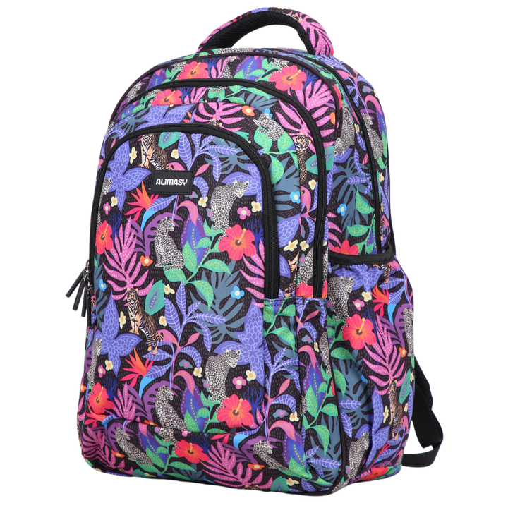 Angled view of Tropical Chaos Large School Backpack Lightweight yet strong with YKK zips