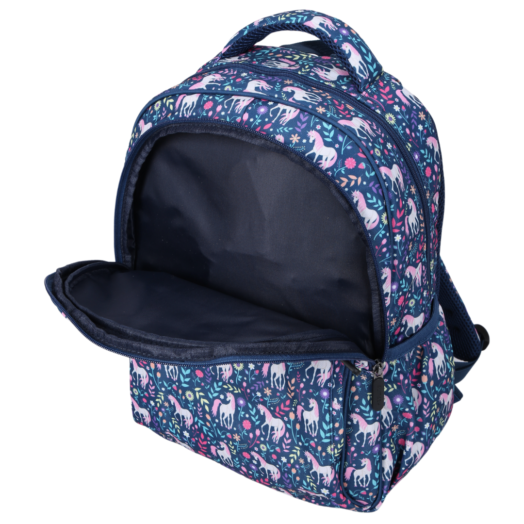 Unicorn Midsize Kids Backpack open flat spacious compartments for school supplies