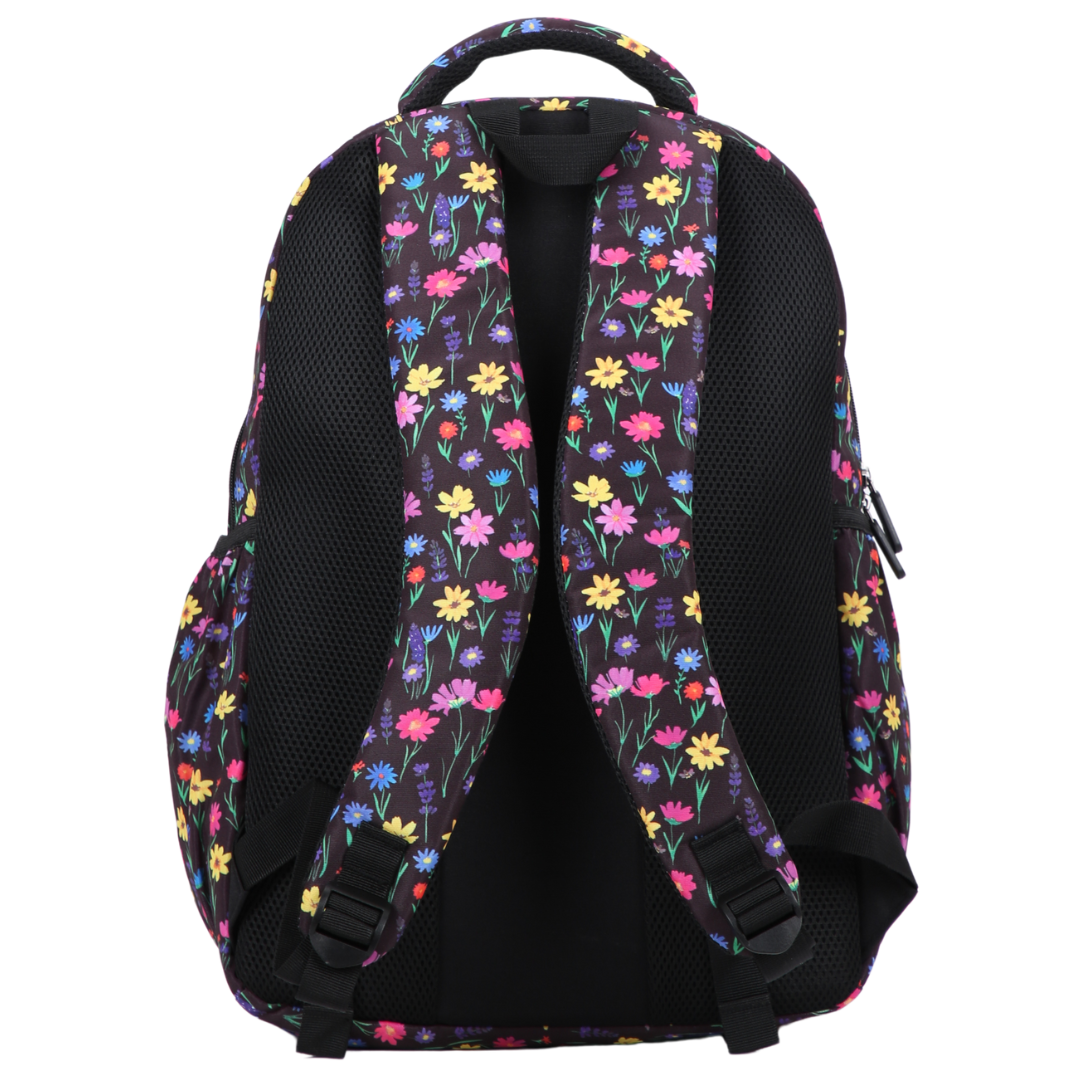 Back view of Wildflower Meadow Large School Backpack. Padded straps and breathable cushions for comfort
