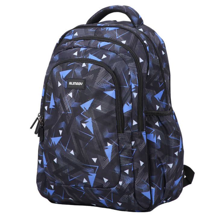 Angled view of Blue Geometric Abstract Large School Backpack Lightweight yet strong with YKK zips