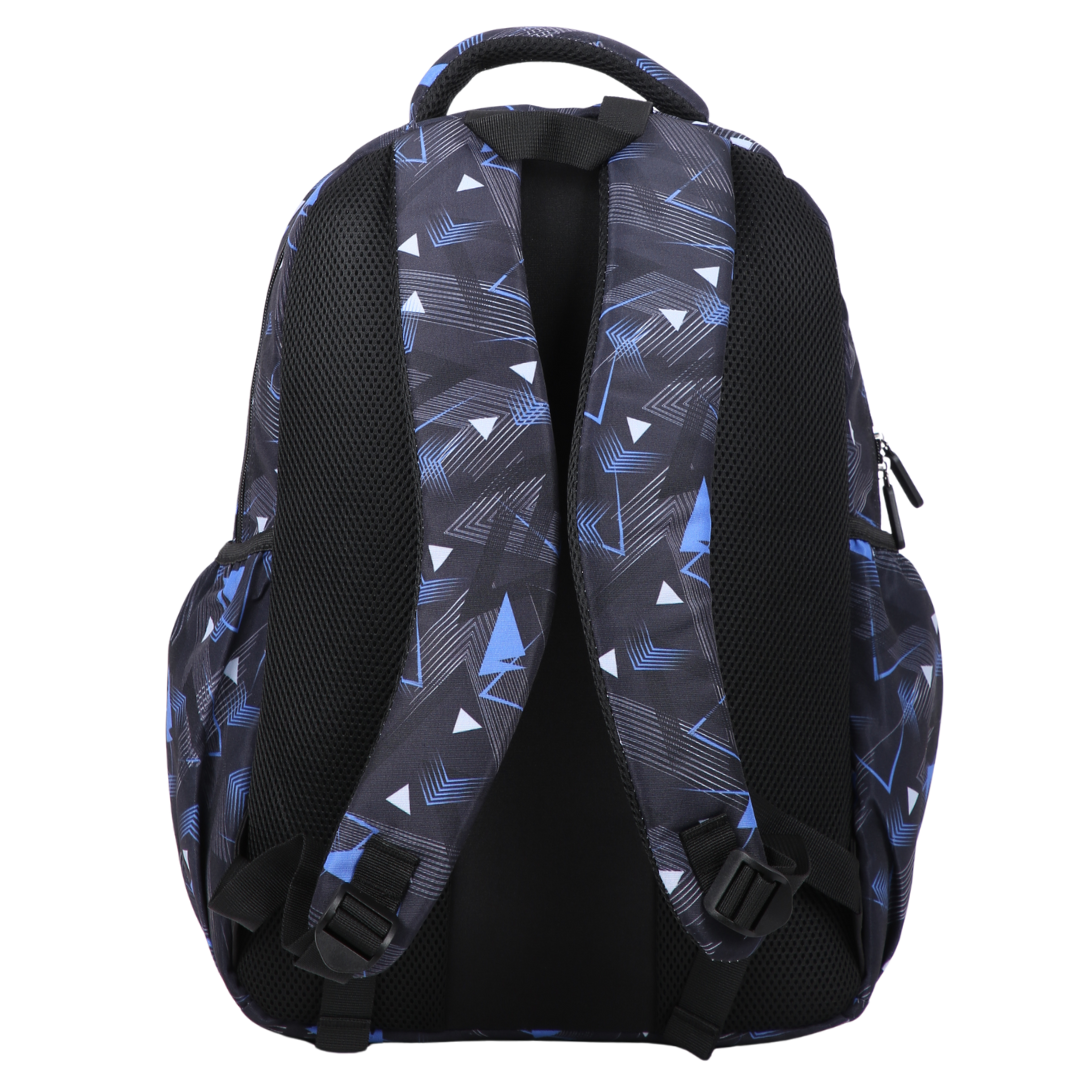 Back view of Blue Geometric Abstract Large School Backpack. Padded straps and breathable cushions for comfort