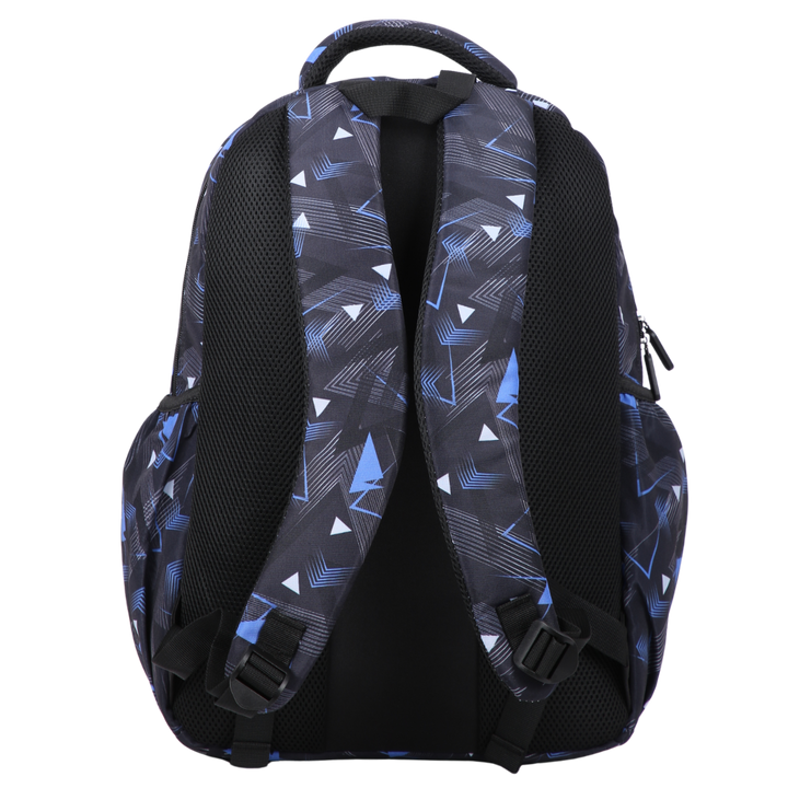 Back view of Blue Geometric Abstract Large School Backpack. Padded straps and breathable cushions for comfort